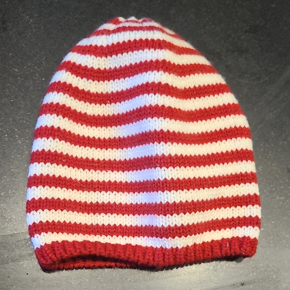 Red and White Striped Knit Slouchy Women's Beanie